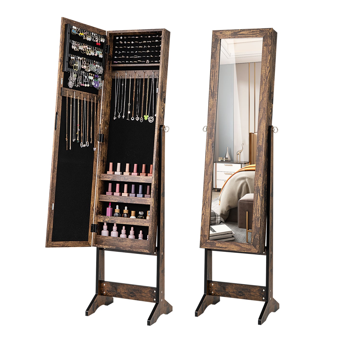 Mirrored Standing Jewelry Cabinet Storage Box-Pink - Brown