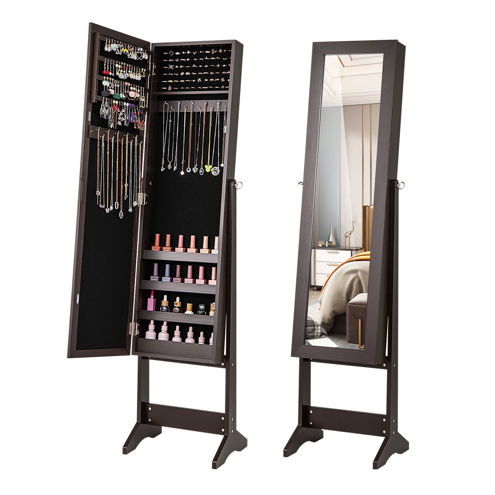 Mirrored Standing Jewelry Cabinet Storage Box-Pink - Rustic Brown