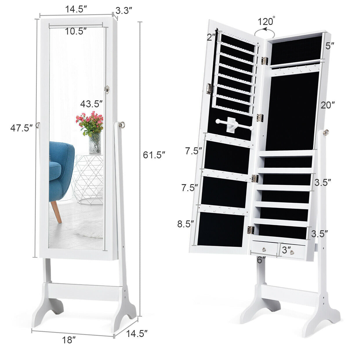 Lockable Mirrored Jewelry Cabinet Armoire Storage Organizer Box-Black - White
