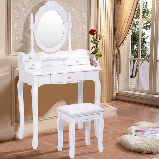 Vanity Table Set with Cushioned Stool with 360¬∞ Rotating Oval Mirror and Three Drawers-White
