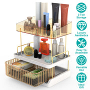 3 Tier Makeup Organizer for Vanity Large Capacity Skincare Shelf Bathroom Countertop Organizer with Drawer for Lipsticks Lotion Toner Perfumer Masks