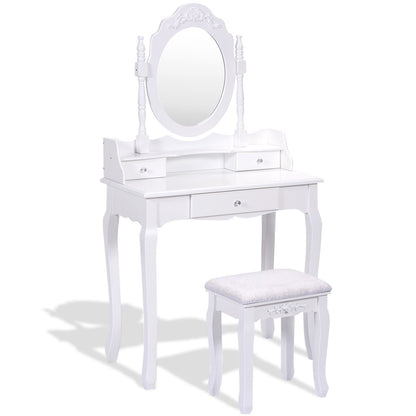 Vanity Table Set with Cushioned Stool with 360¬∞ Rotating Oval Mirror and Three Drawers-White