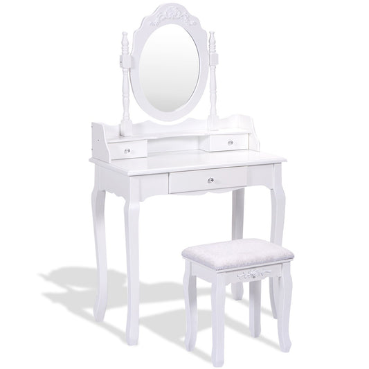 Vanity Table Set with Cushioned Stool with 360¬∞ Rotating Oval Mirror and Three Drawers-White