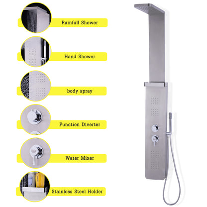 59” Stainless Steel Shower Panel with Massage Jets and Hand Shower