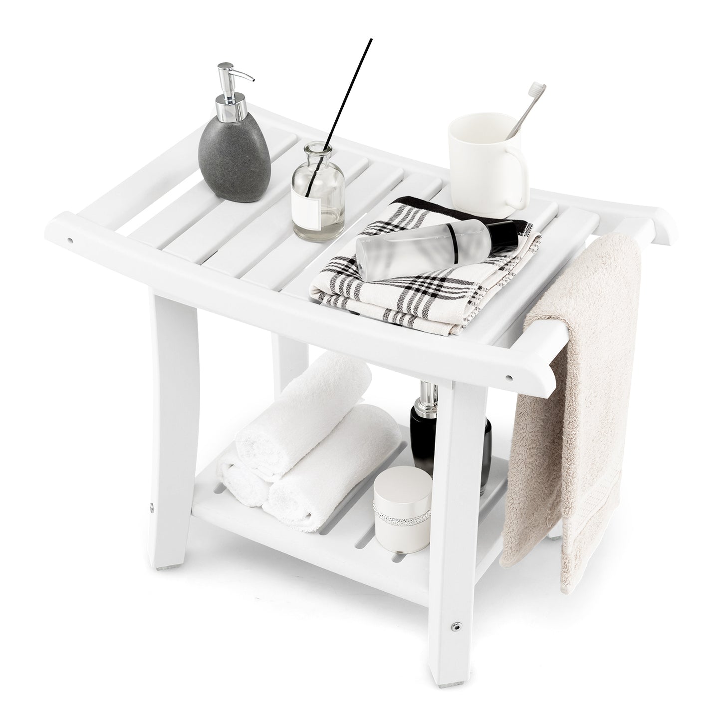 Waterproof Bath Stool with Curved Seat and Storage Shelf