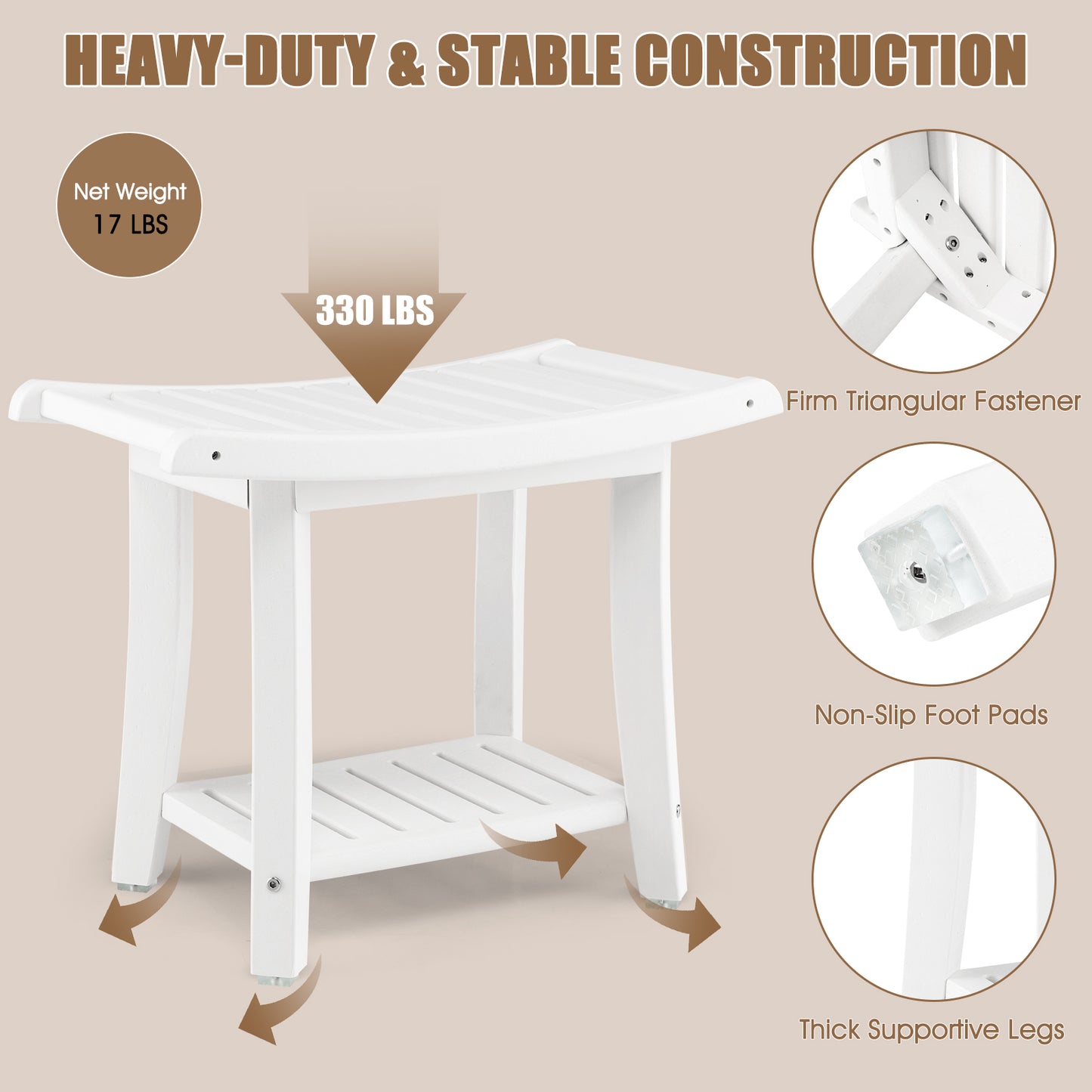 Waterproof Bath Stool with Curved Seat and Storage Shelf