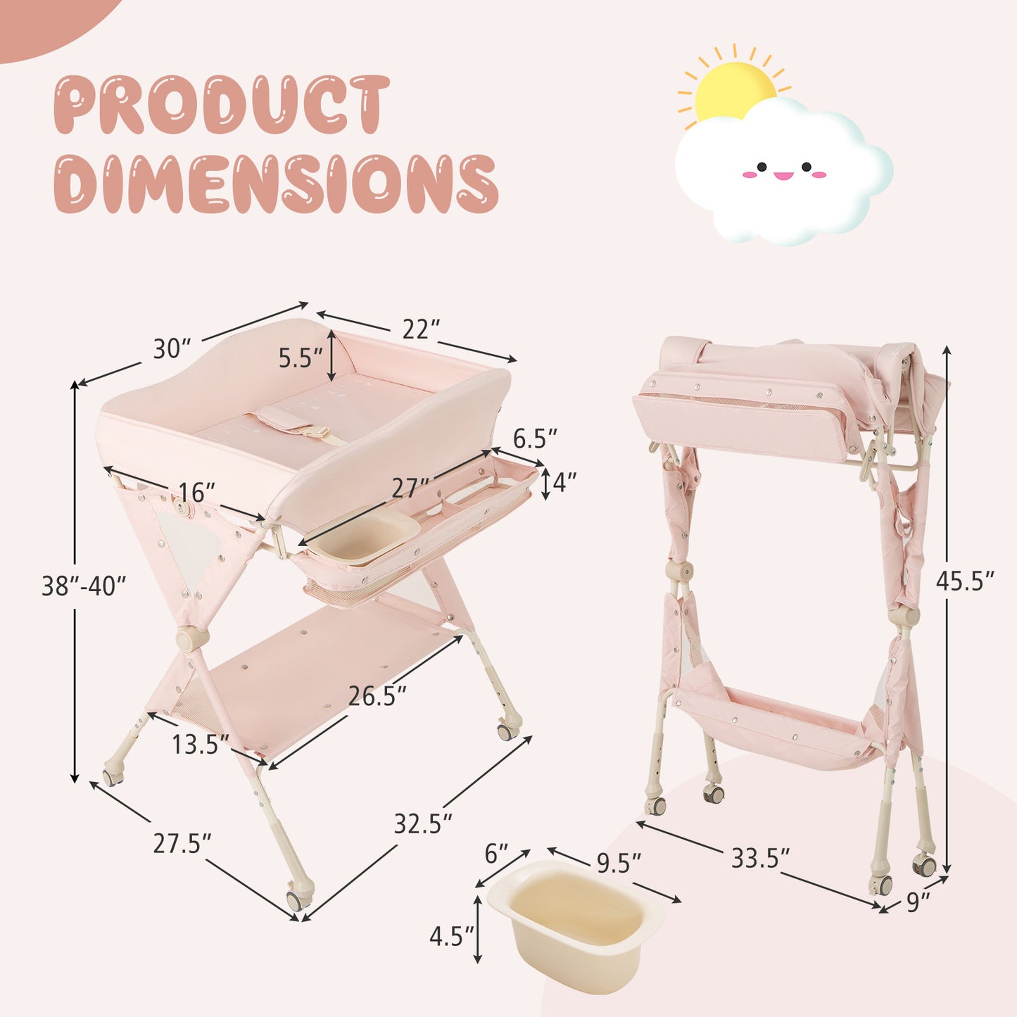 Baby Diaper Changing Table with Water Basin Wheel-Pink - Pink