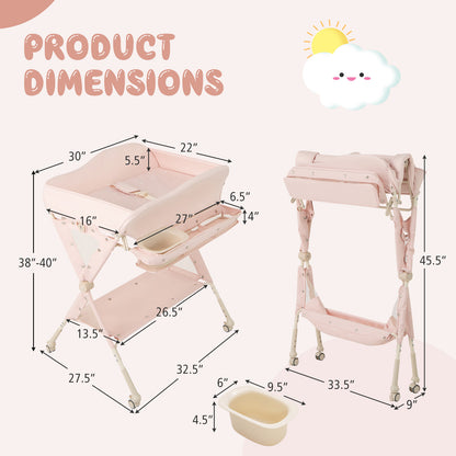 Baby Diaper Changing Table with Water Basin Wheel-Pink - Pink