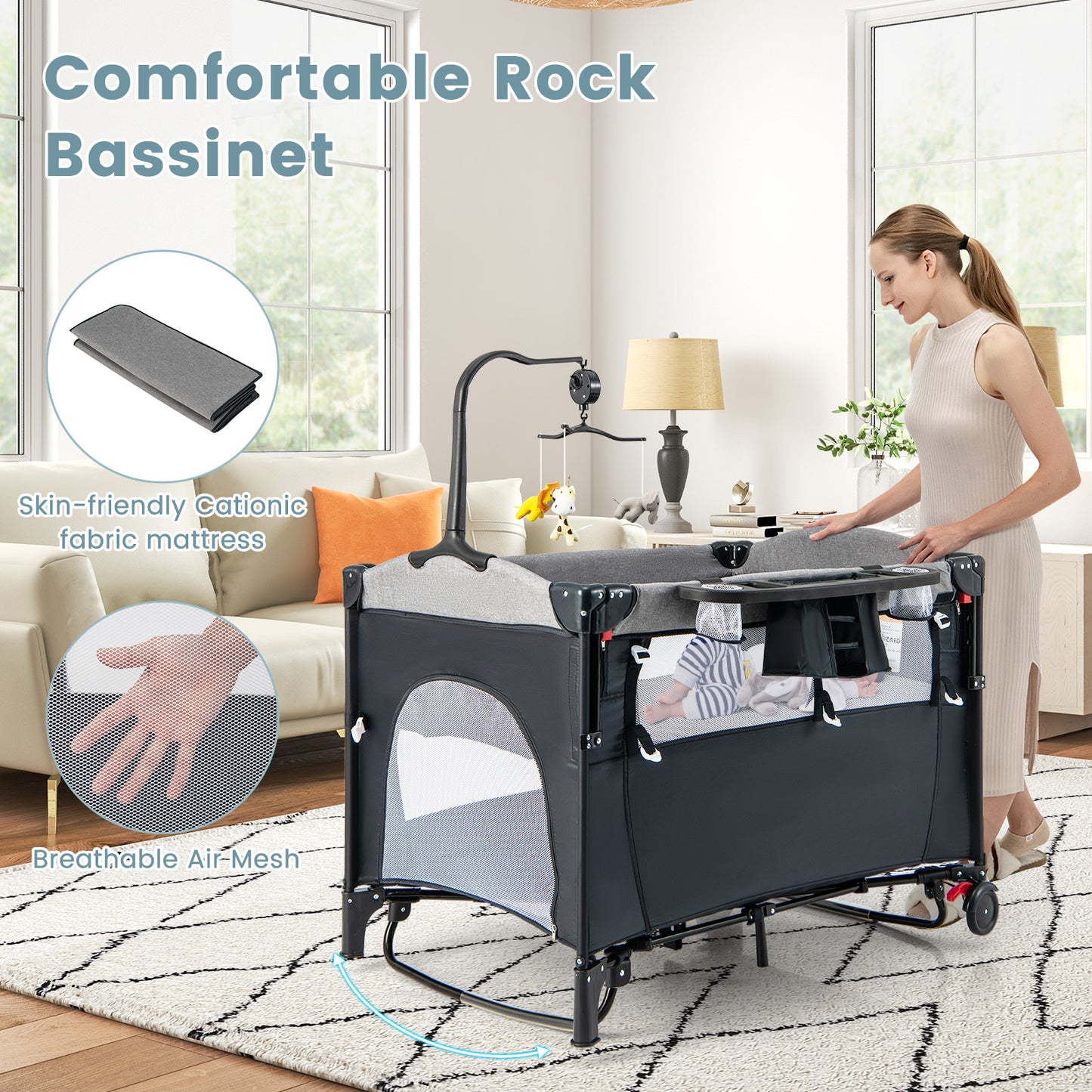 5-in-1 Baby Nursery Center Foldable Toddler Bedside Crib with Music Box