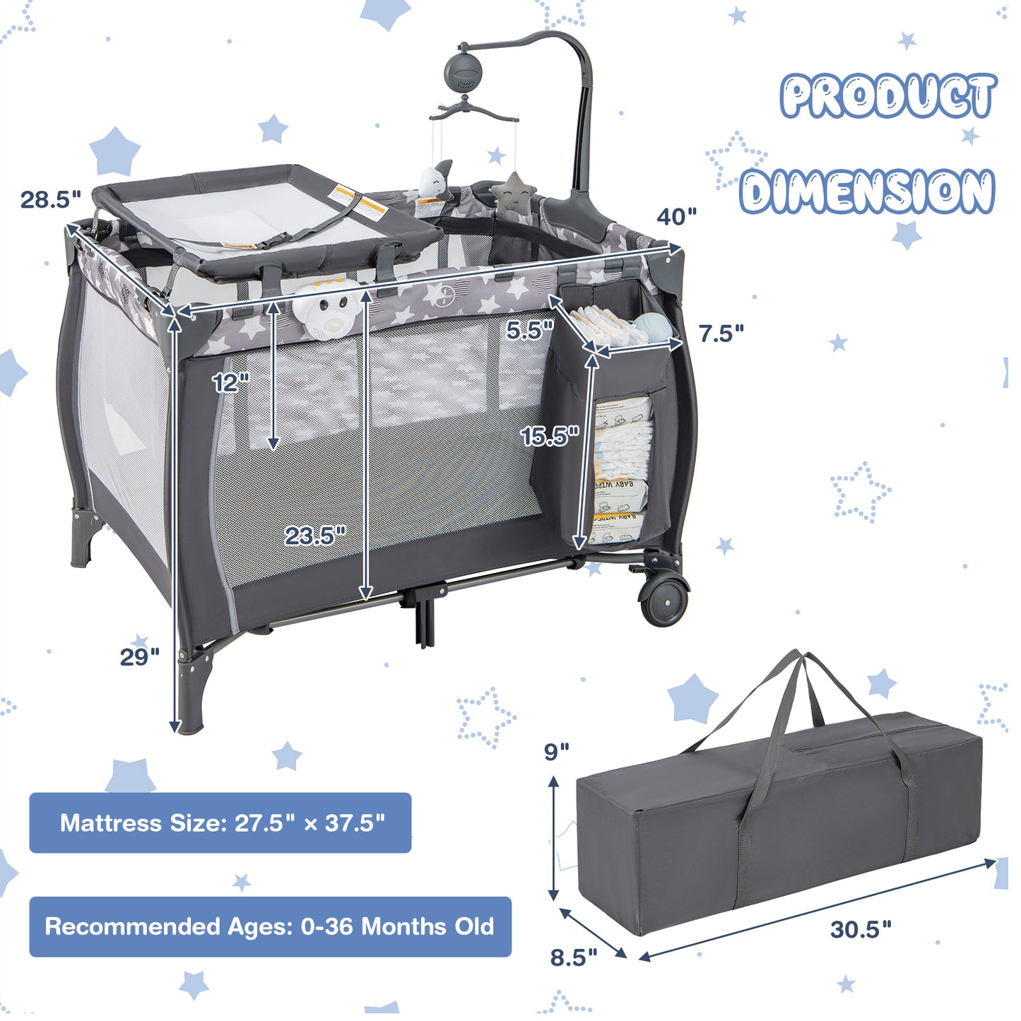 Portable Baby Playard with Changing Table Bassinet and Music Box