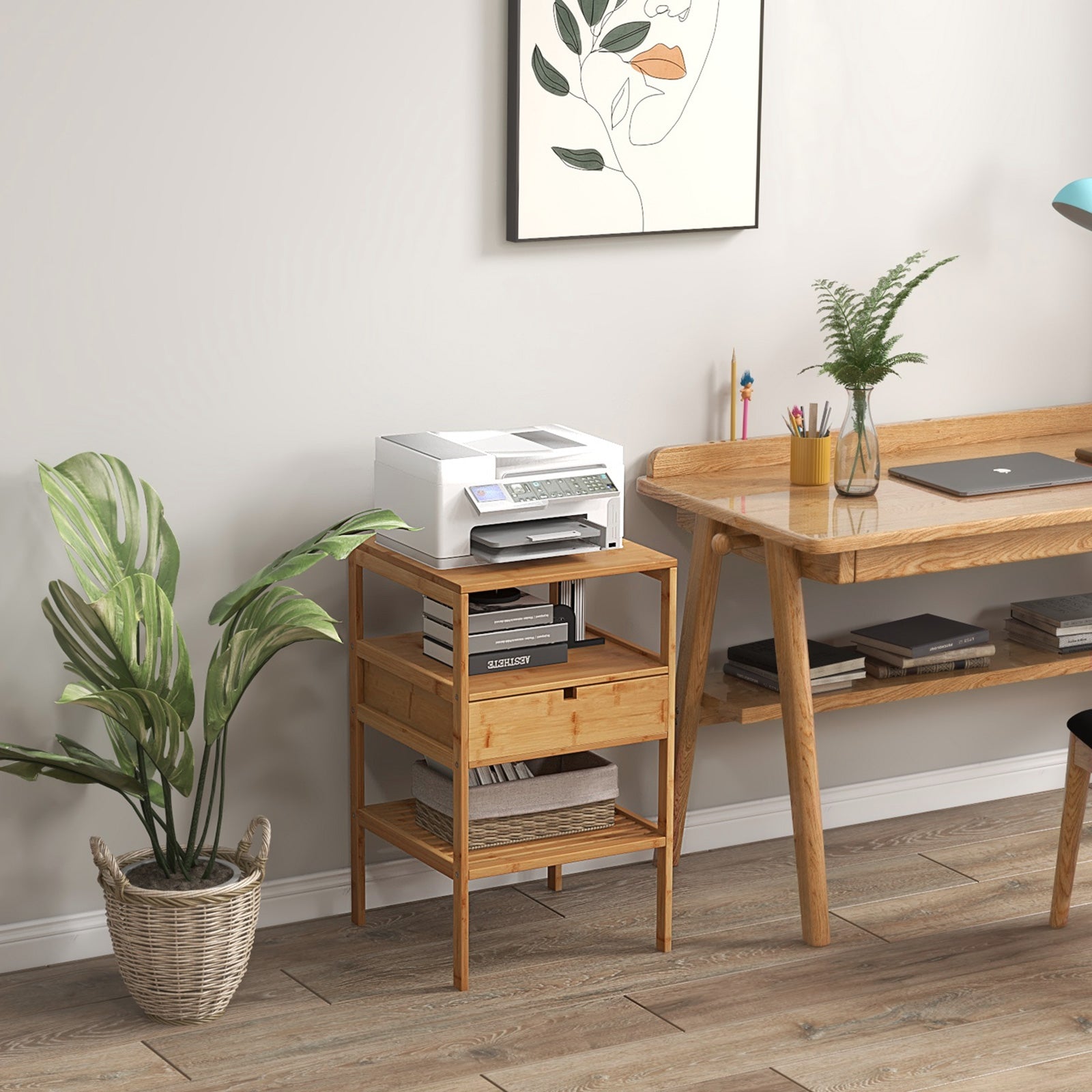Bamboo Nightstand with Storage Drawer and Slatted Shelf-1 Piece