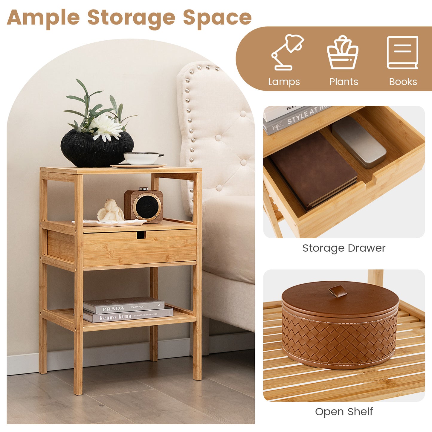 Bamboo Nightstand with Storage Drawer and Slatted Shelf-1 Piece