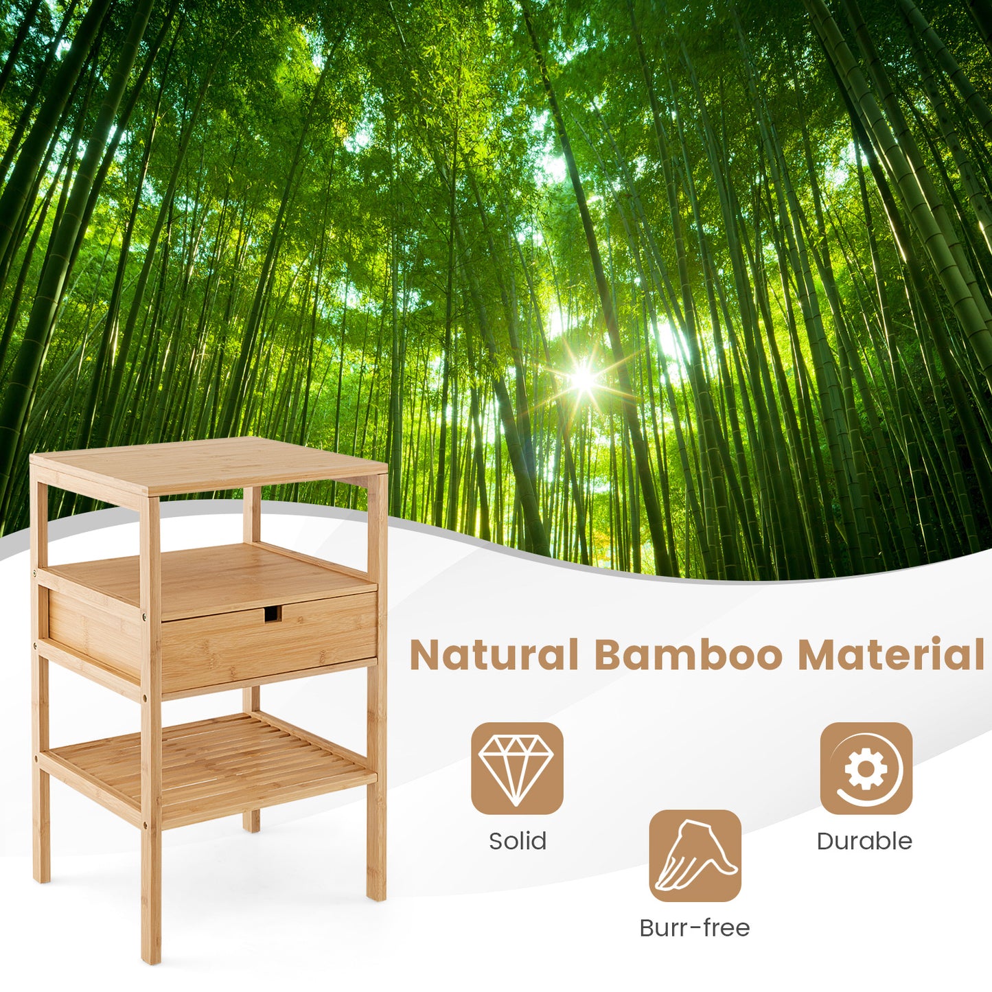 Bamboo Nightstand with Storage Drawer and Slatted Shelf-1 Piece