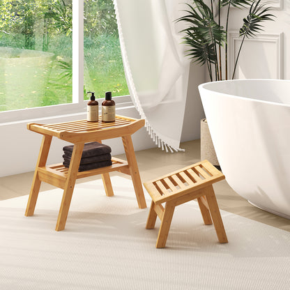 Bamboo Shower Seat Bench with Underneath Storage Shelf-Natural