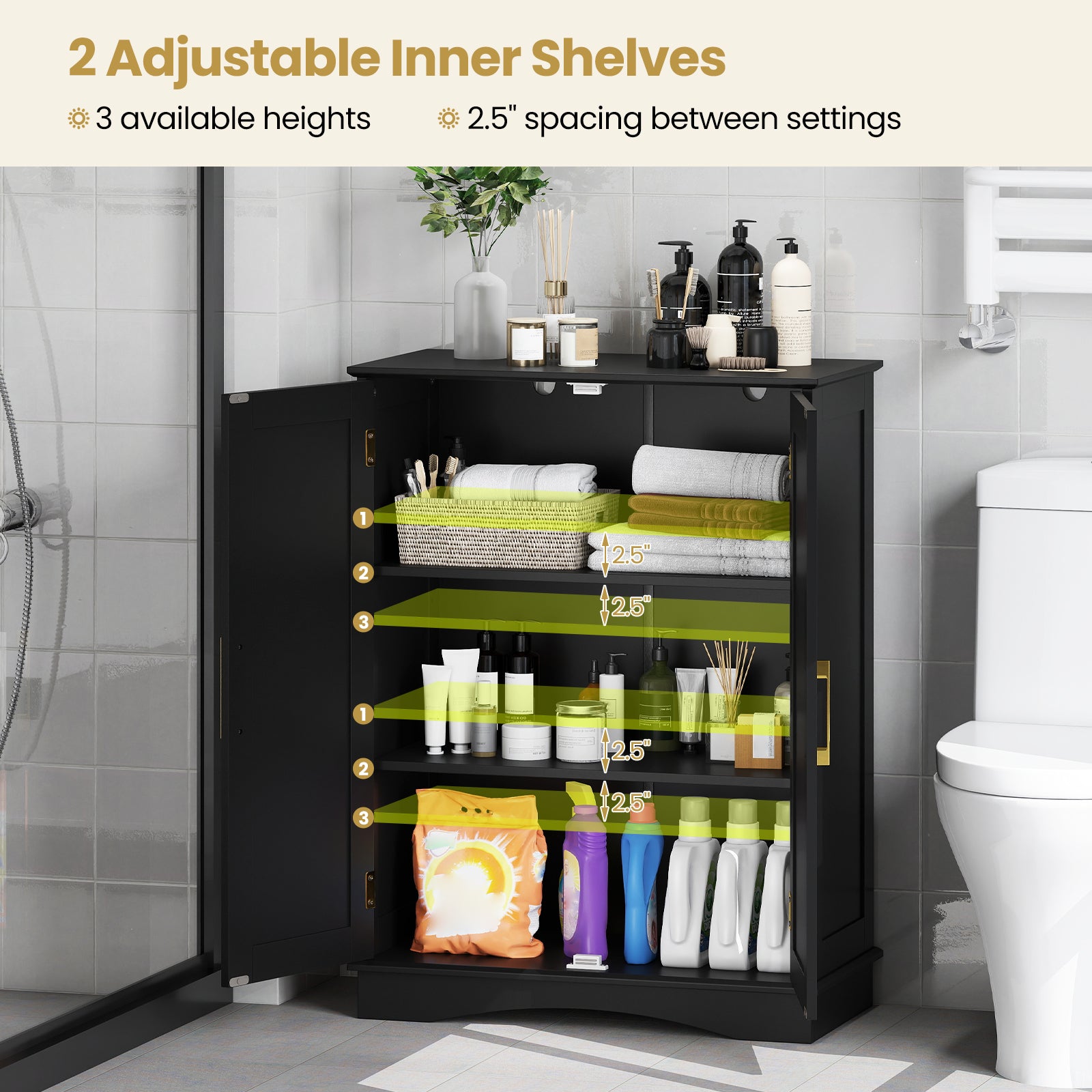 Bathroom Floor Storage Cabinet with 2 Doors and Adjustable Shelves-Black