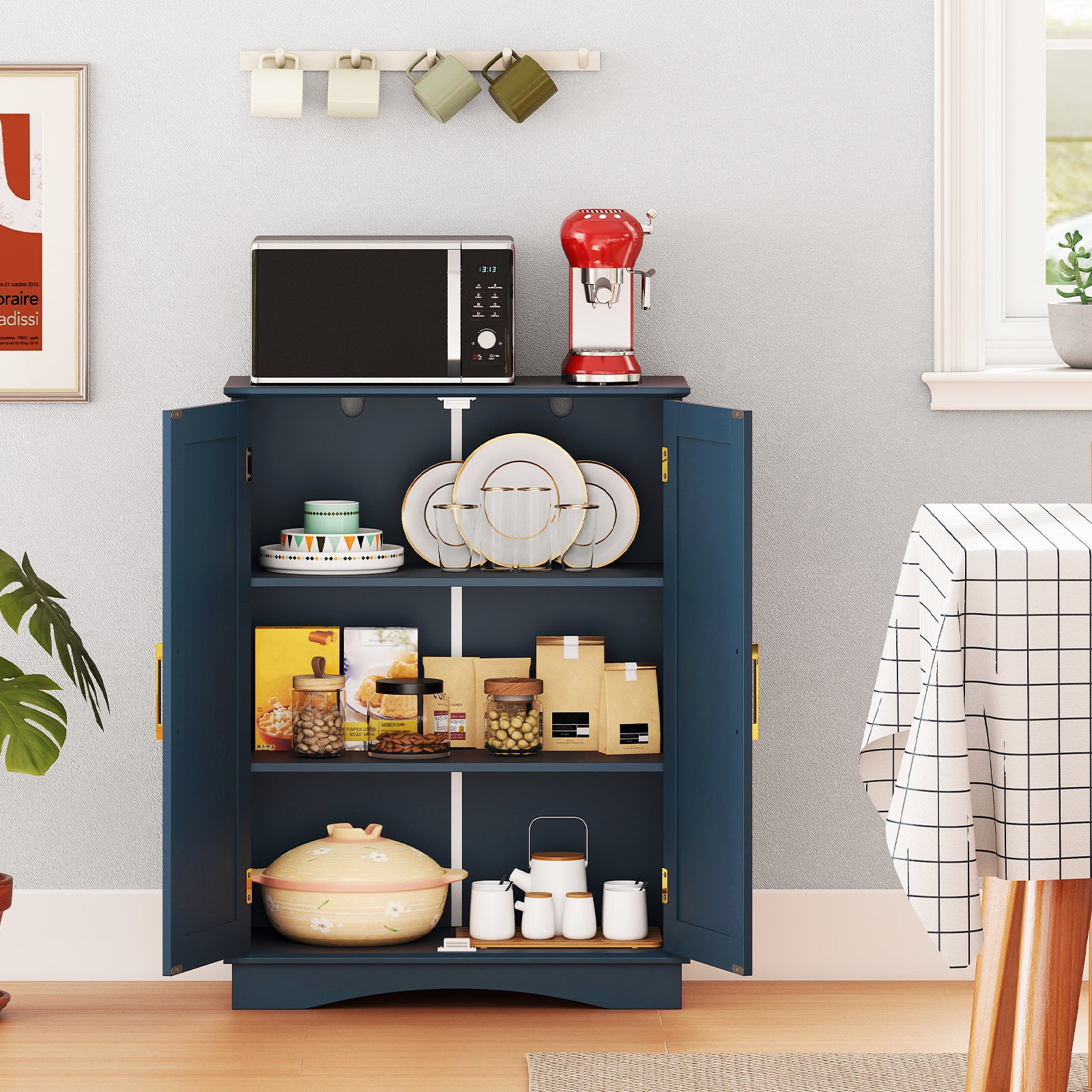 Bathroom Floor Storage Cabinet with 2 Doors and Adjustable Shelves-Blue