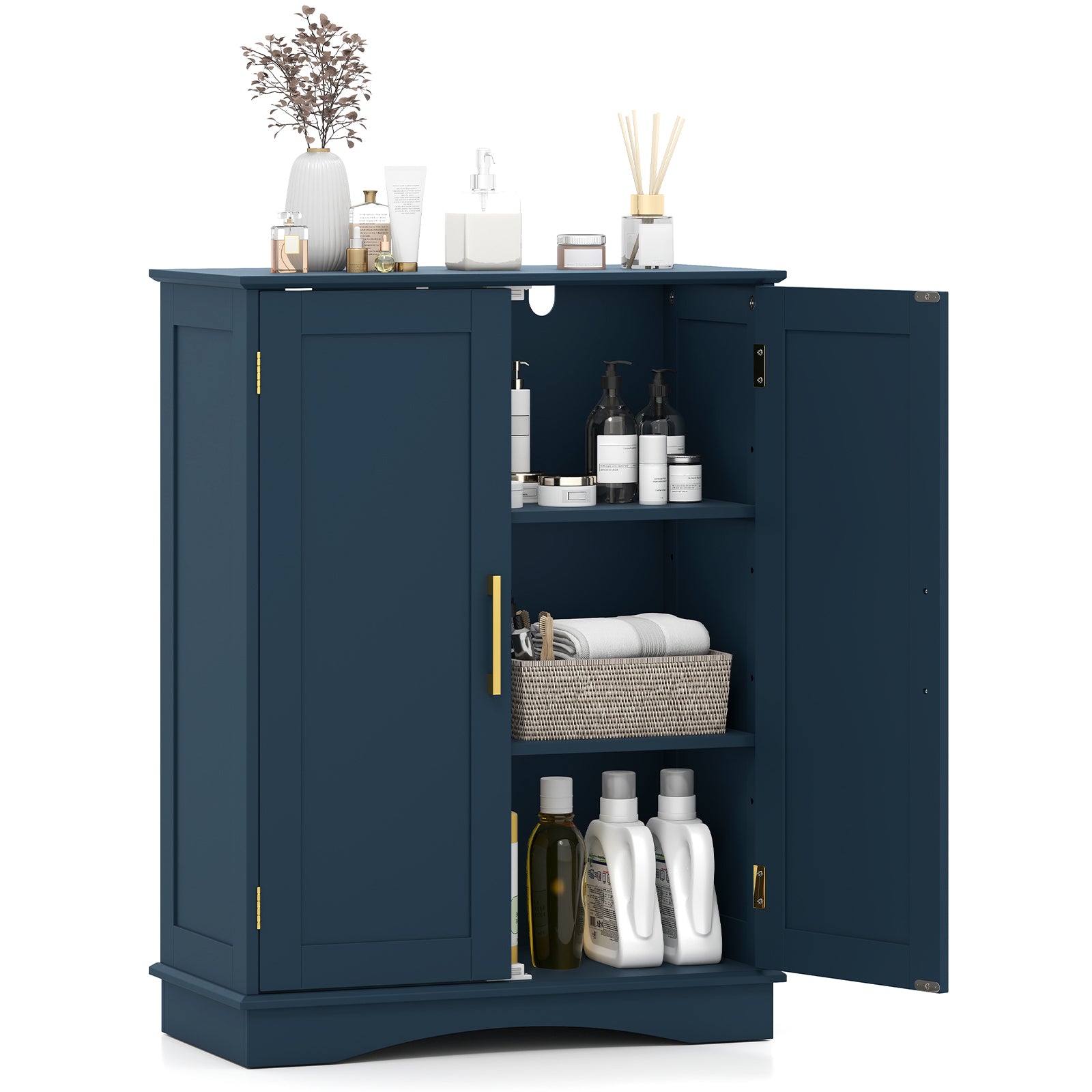 Bathroom Floor Storage Cabinet with 2 Doors and Adjustable Shelves-Blue