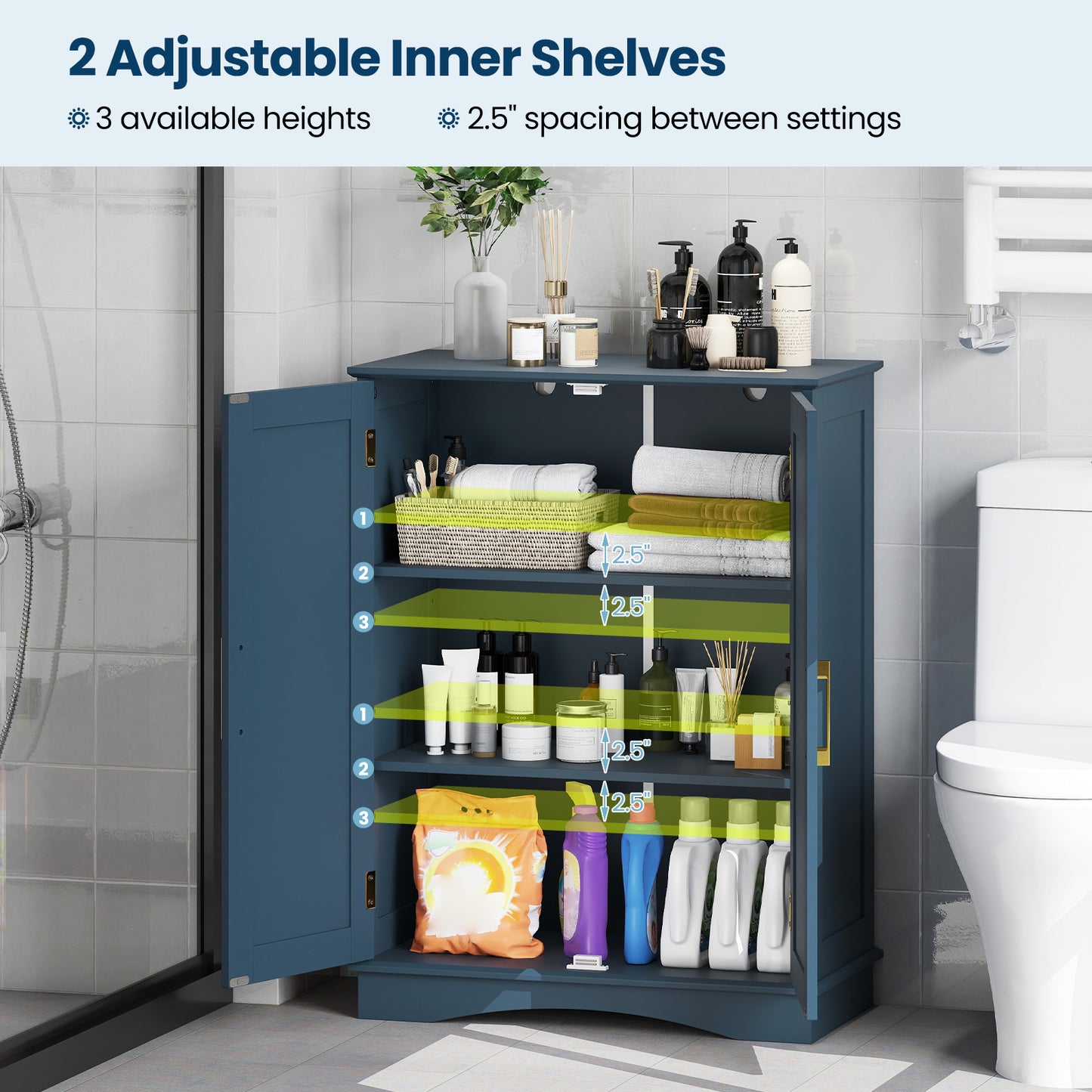 Bathroom Floor Storage Cabinet with 2 Doors and Adjustable Shelves-Blue