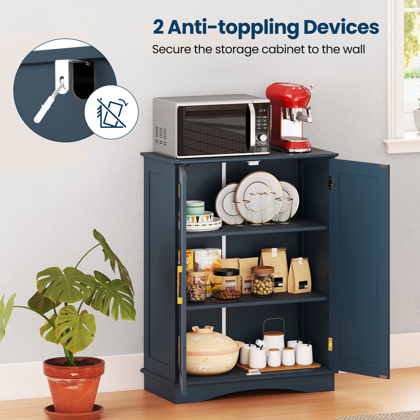 Bathroom Floor Storage Cabinet with 2 Doors and Adjustable Shelves-Blue