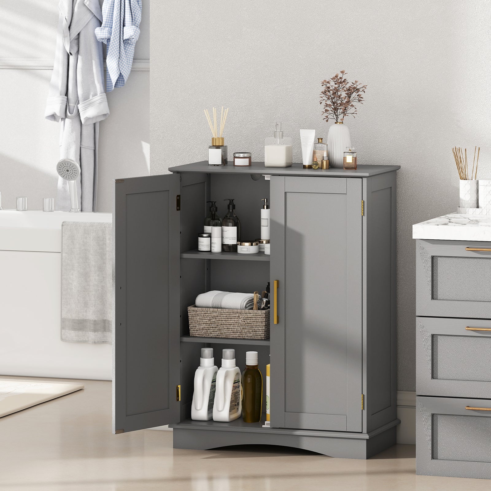 Bathroom Floor Storage Cabinet with 2 Doors and Adjustable Shelves-Gray