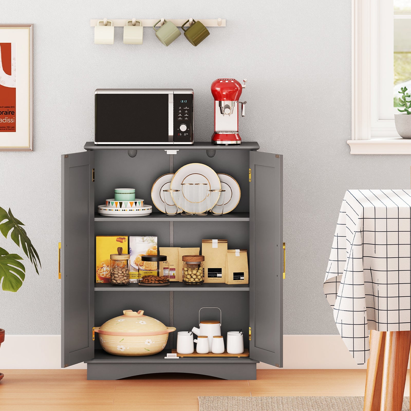 Bathroom Floor Storage Cabinet with 2 Doors and Adjustable Shelves-Gray