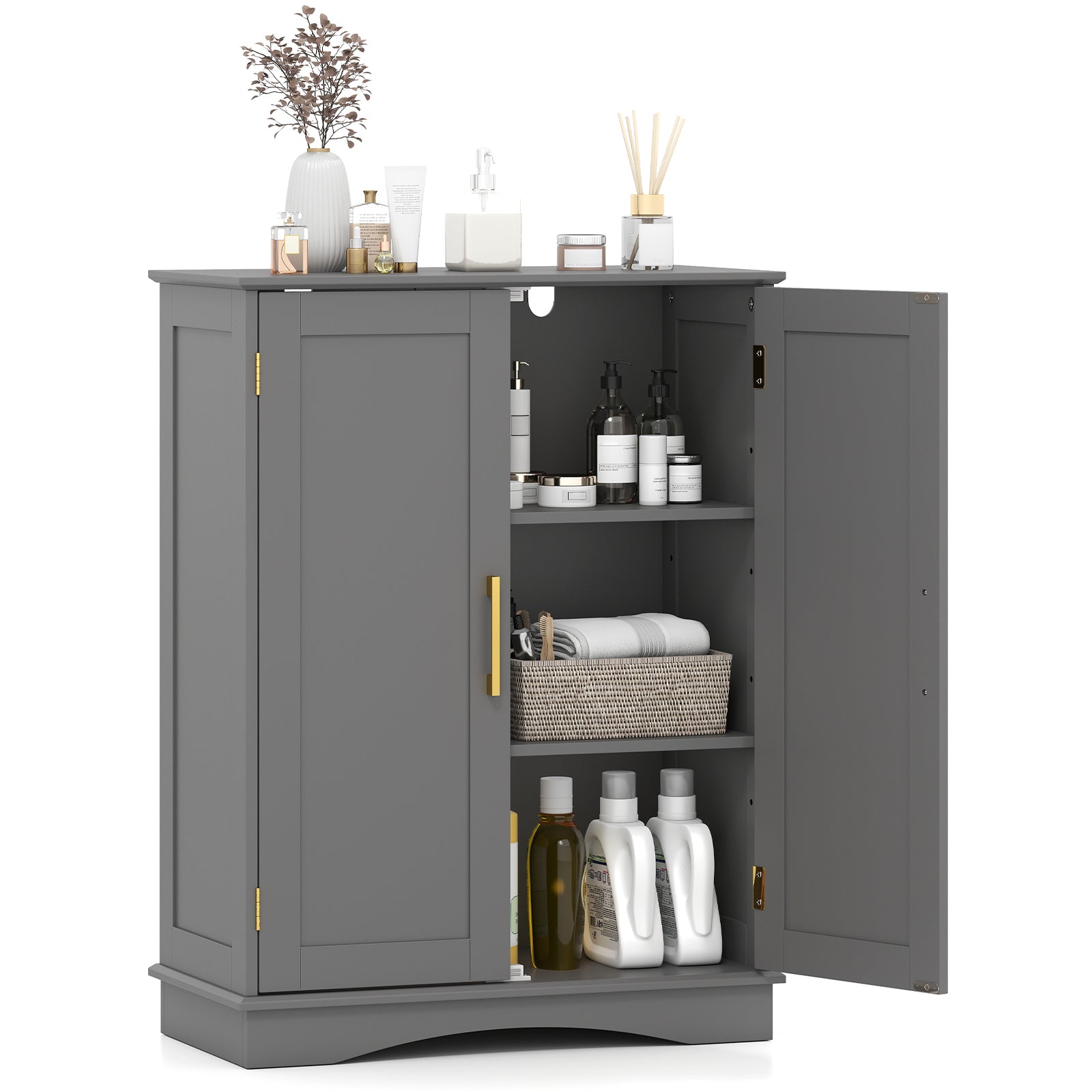 Bathroom Floor Storage Cabinet with 2 Doors and Adjustable Shelves-Gray