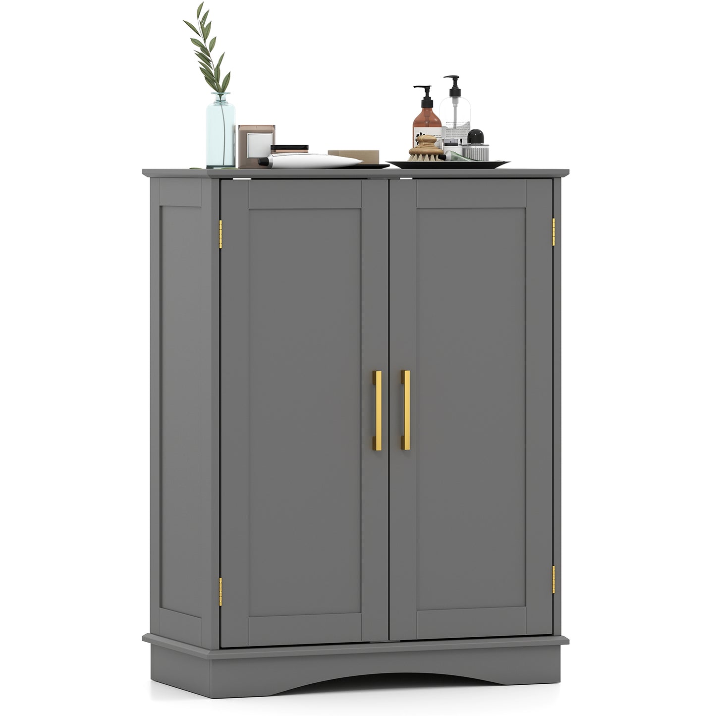 Bathroom Floor Storage Cabinet with 2 Doors and Adjustable Shelves-Gray