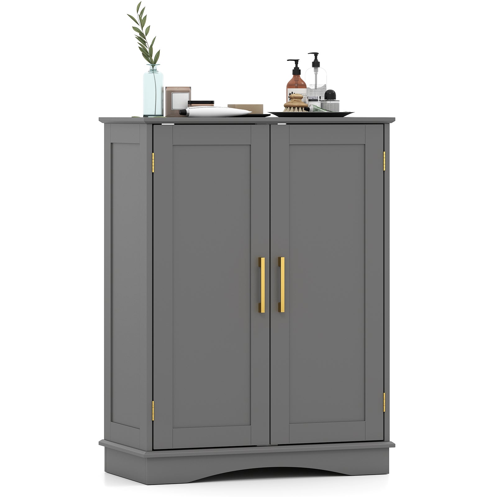 Bathroom Floor Storage Cabinet with 2 Doors and Adjustable Shelves-Gray