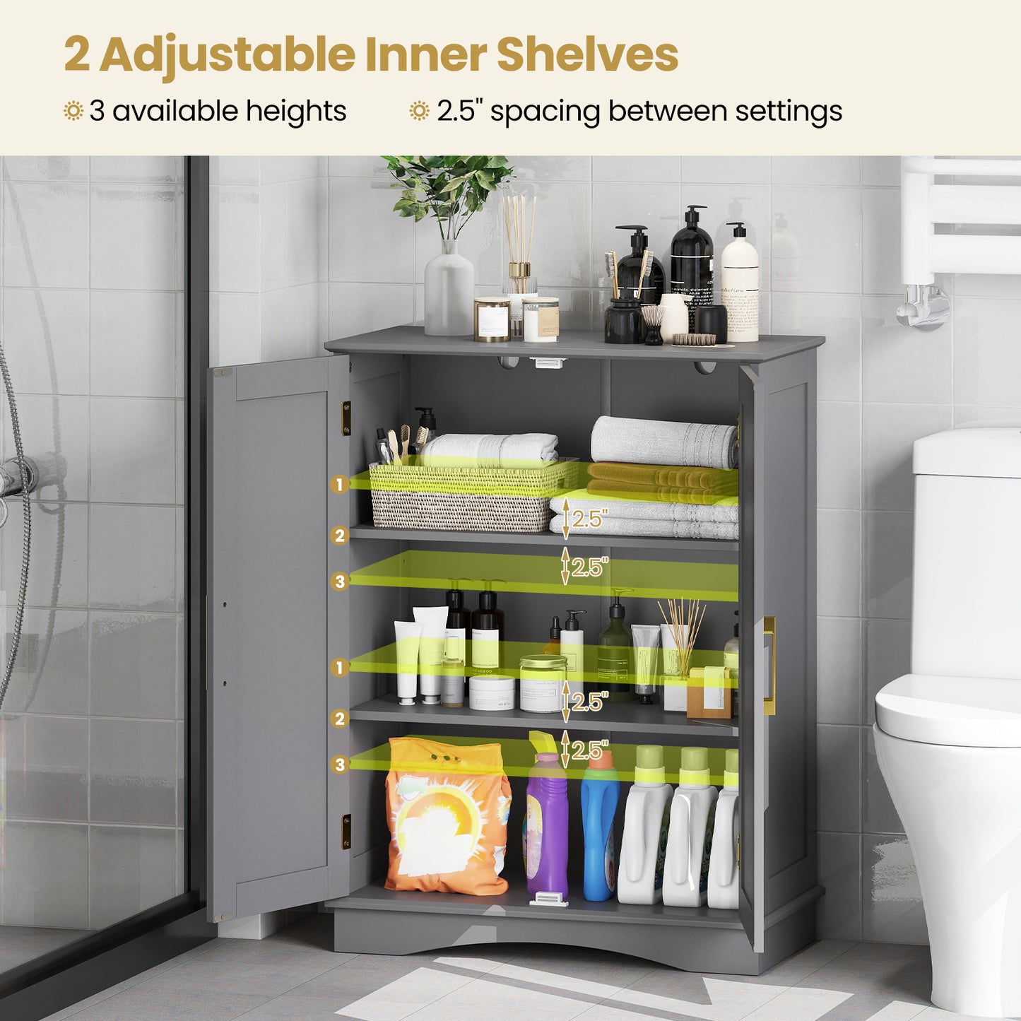 Bathroom Floor Storage Cabinet with 2 Doors and Adjustable Shelves-Gray