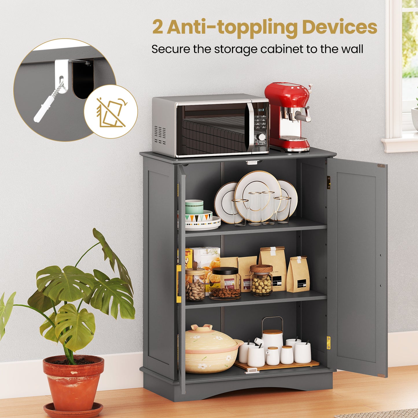 Bathroom Floor Storage Cabinet with 2 Doors and Adjustable Shelves-Gray