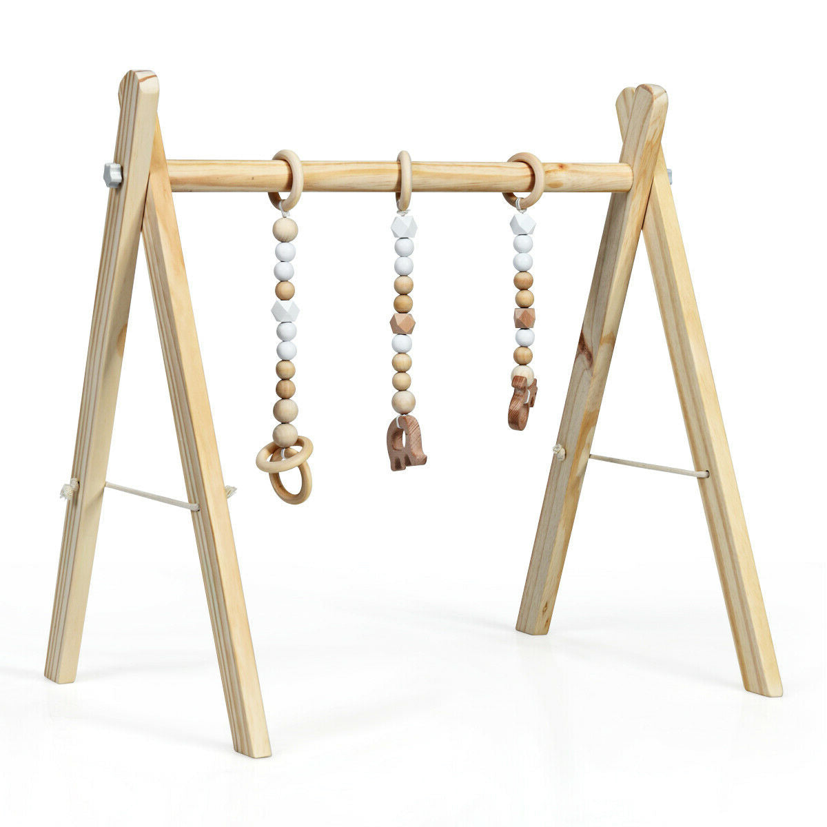 Portable 3 Wooden Newborn Baby Exercise Activity Gym Teething Toys Hanging Bar-Natural - Natural