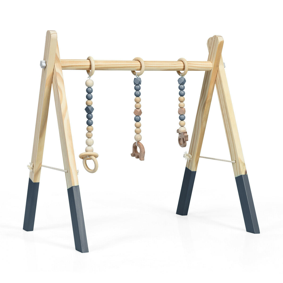 Portable 3 Wooden Newborn Baby Exercise Activity Gym Teething Toys Hanging Bar-Natural - Gray