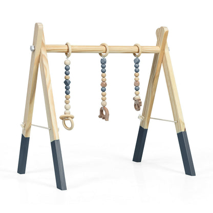 Portable 3 Wooden Newborn Baby Exercise Activity Gym Teething Toys Hanging Bar-Natural - Gray