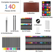 140Pcs Art Supplies With Colored Pencils Oil Pastels Crayons, Watercolor Cakes Brushes Sharpener Eraser In Elegant Wooden Box Professional Art Kit For