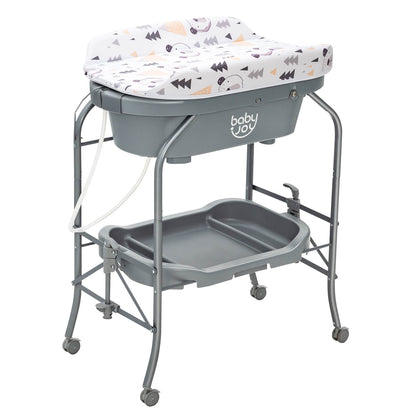 Folding Baby Changing Table with Bathtub and 4 Universal Wheels-Pink - Gray