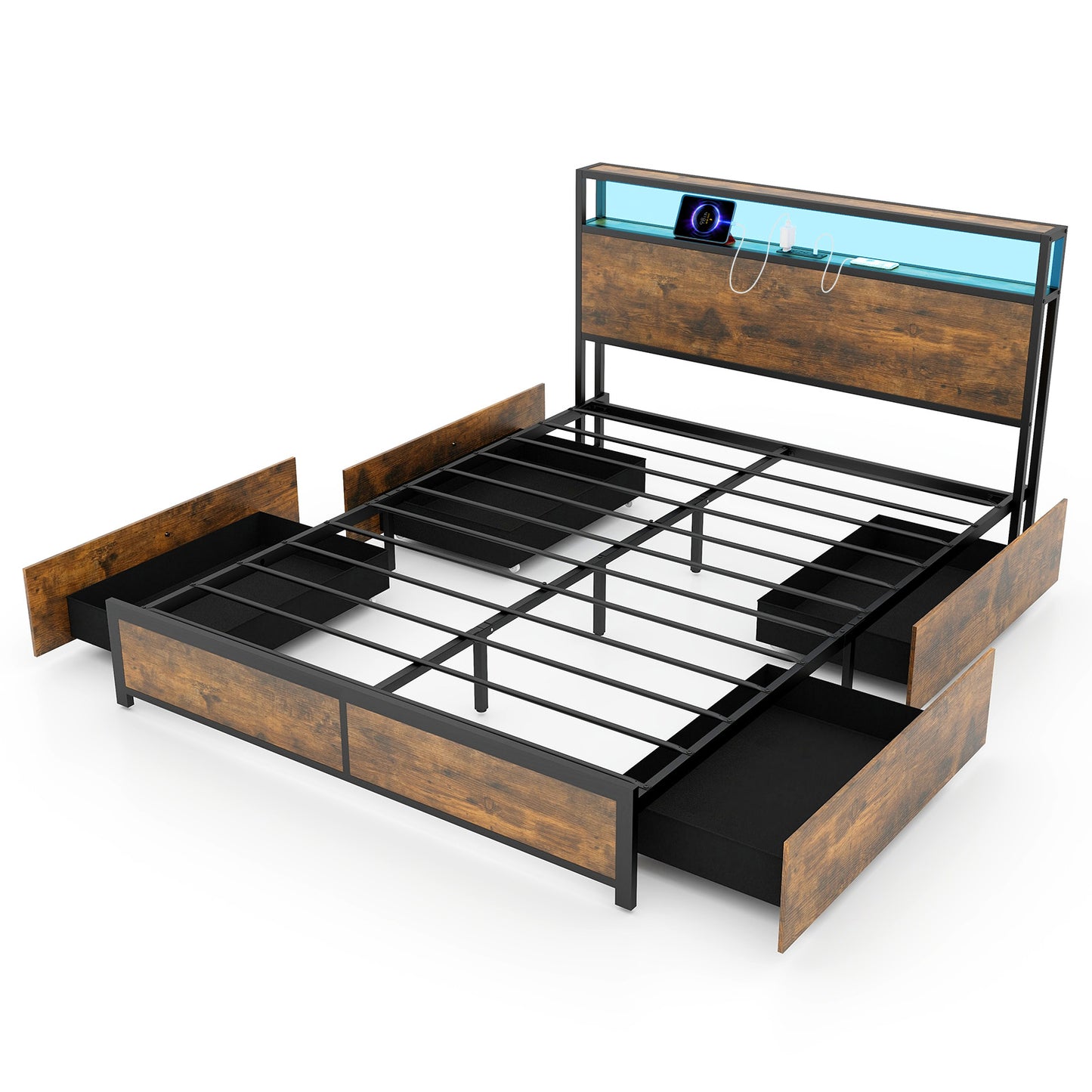 Full/Queen Size Bed Frame with Smart LED Lights and Storage Drawers-Queen Size - Queen Size