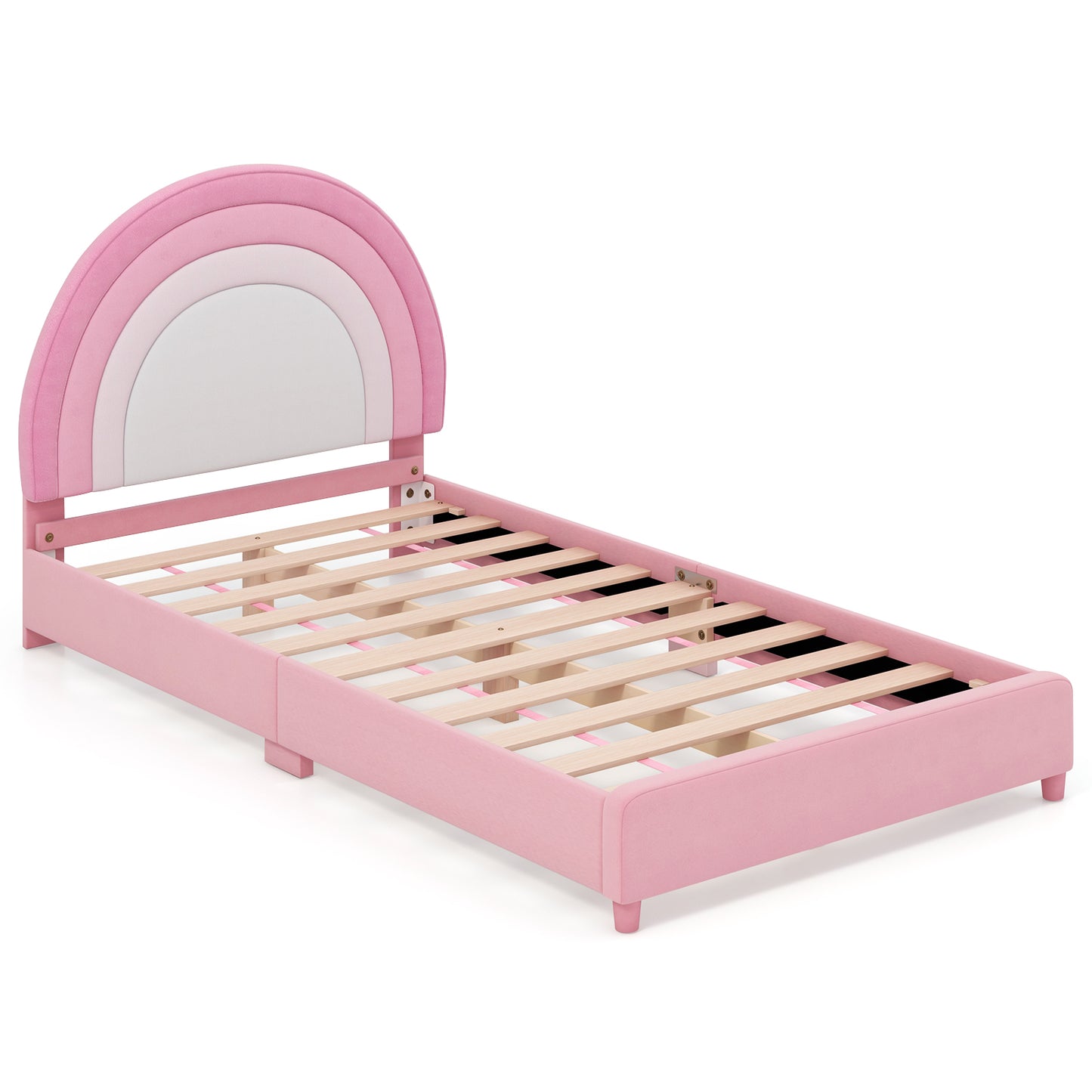 Twin Bed Frame with Height-Adjustable Headboard and Sturdy Wooden Slats-Pink - White & Pink