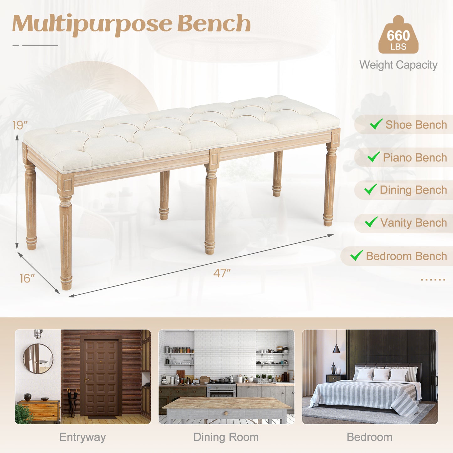 French Vintage Entryway Bench 47 Inch Upholstered Dining Bench-Beige