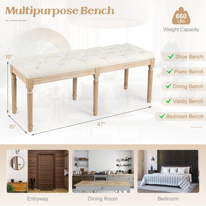 French Vintage Entryway Bench 47 Inch Upholstered Dining Bench-Beige