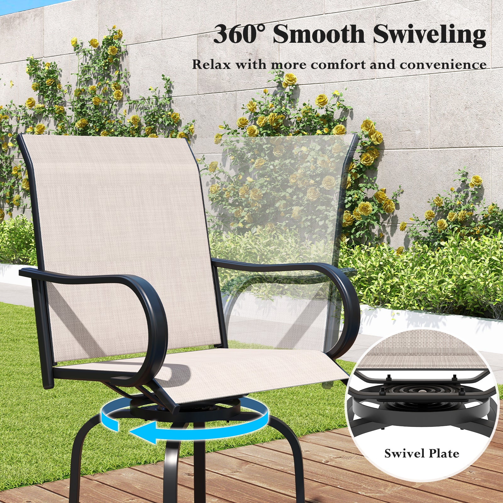 2 Pieces 360 Rotating Bar Stool Set with Armrests for Patio-Gray