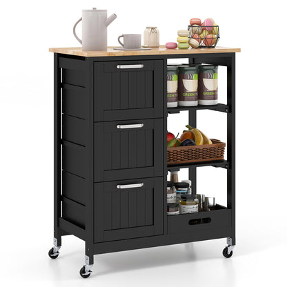 Kitchen Island Cart on Wheels with Rubber Wood Top and 3 Drawersand Removable Tray-Gray - Black