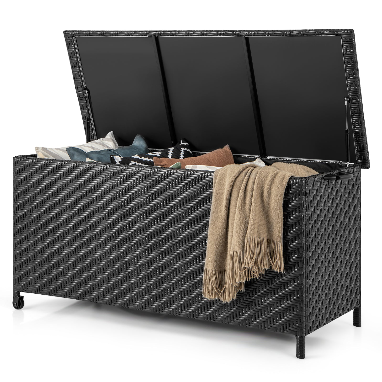 85 Gallon Outdoor Storage Box with Removable Liner and Universal Wheels-Brown - Black