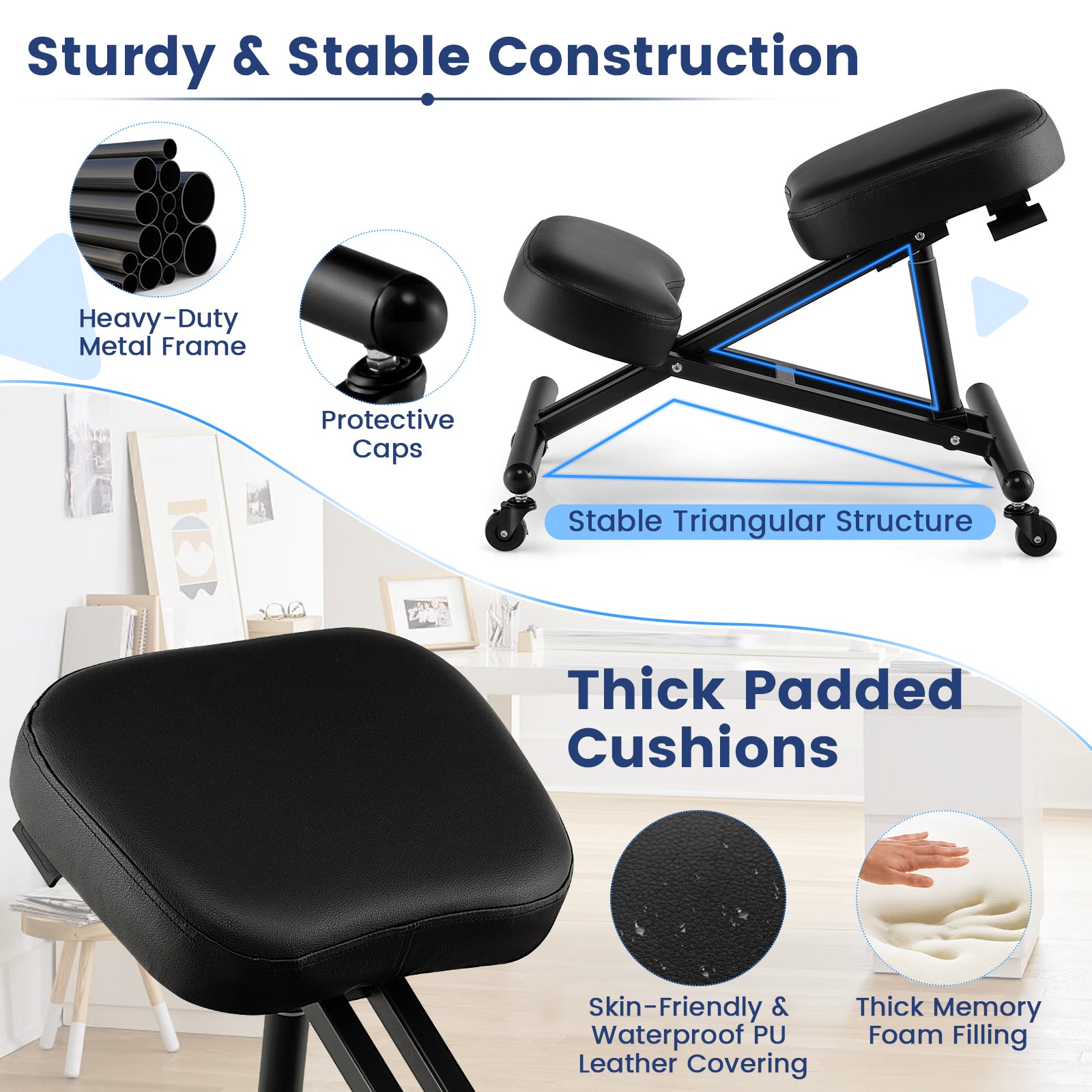 Adjustable Ergonomic Kneeling Chair with Upgraded Gas Spring Rod and Thick Foam Cushions-Black
