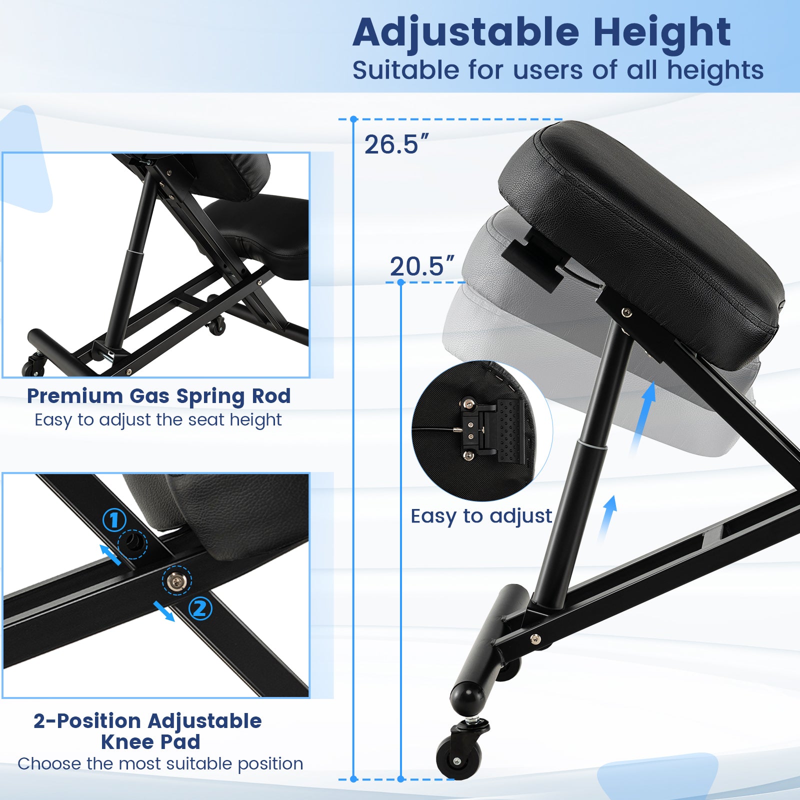 Adjustable Ergonomic Kneeling Chair with Upgraded Gas Spring Rod and Thick Foam Cushions-Black