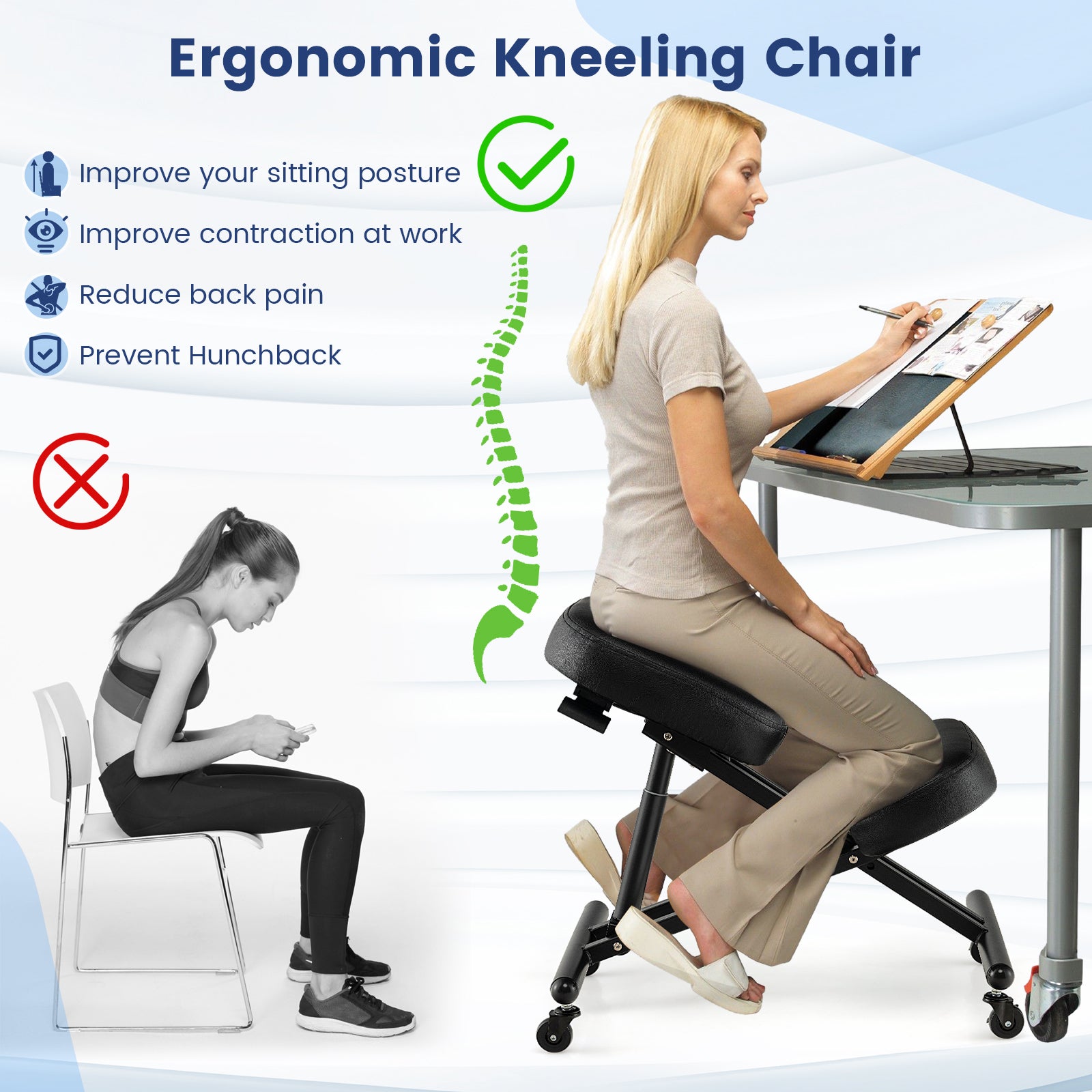 Adjustable Ergonomic Kneeling Chair with Upgraded Gas Spring Rod and Thick Foam Cushions-Black