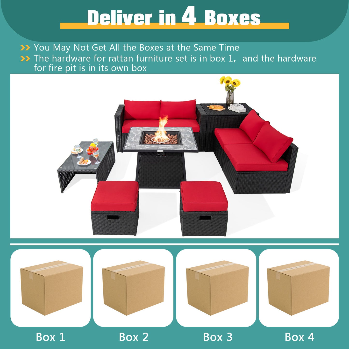 9 Pieces Outdoor Wicker Sectional with 35 Inch Gas Fire Pit Table-Red