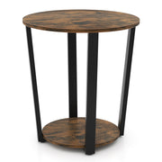 2-tier Round End Table with Storage Shelf and Metal Frame-Brown