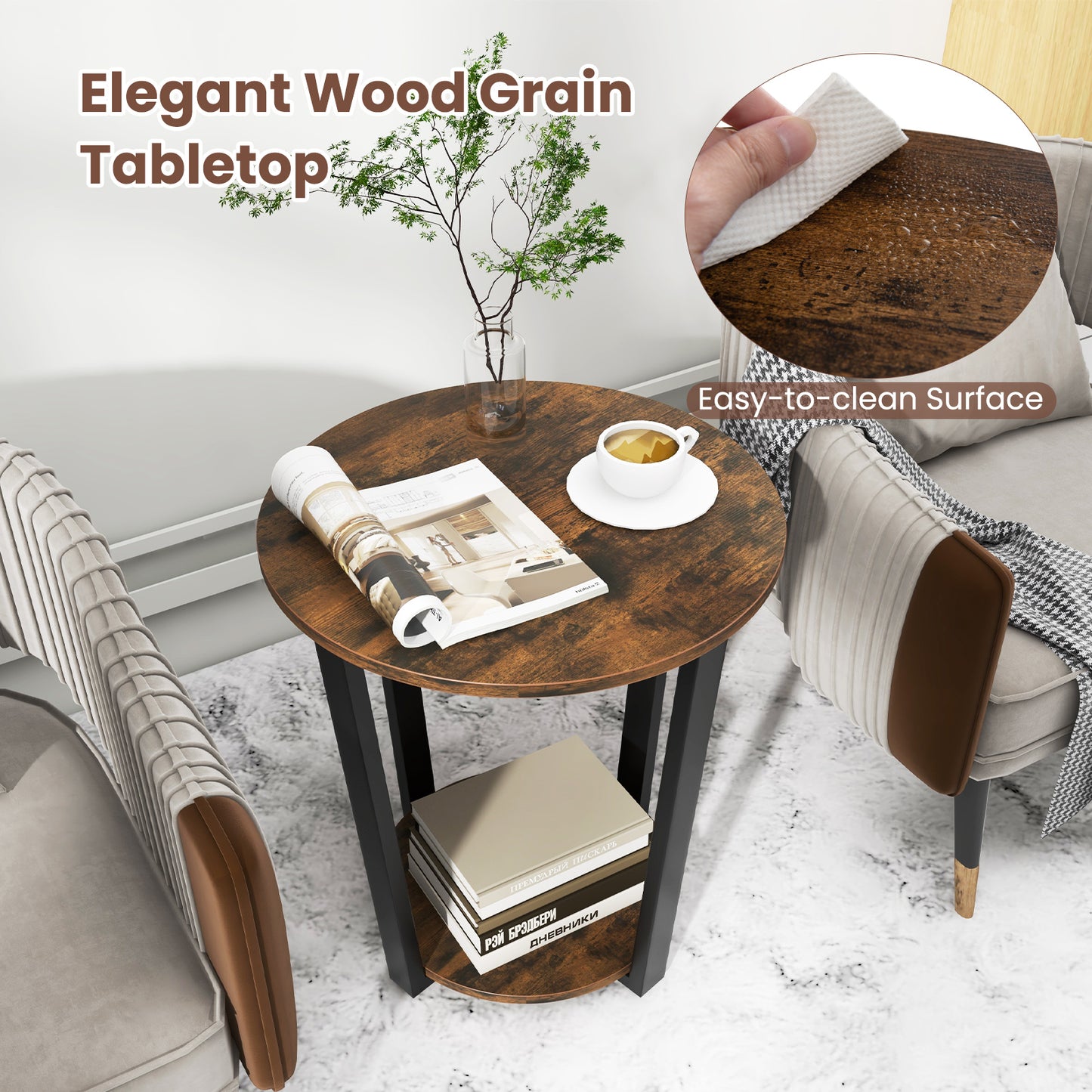 2-tier Round End Table with Storage Shelf and Metal Frame-Brown