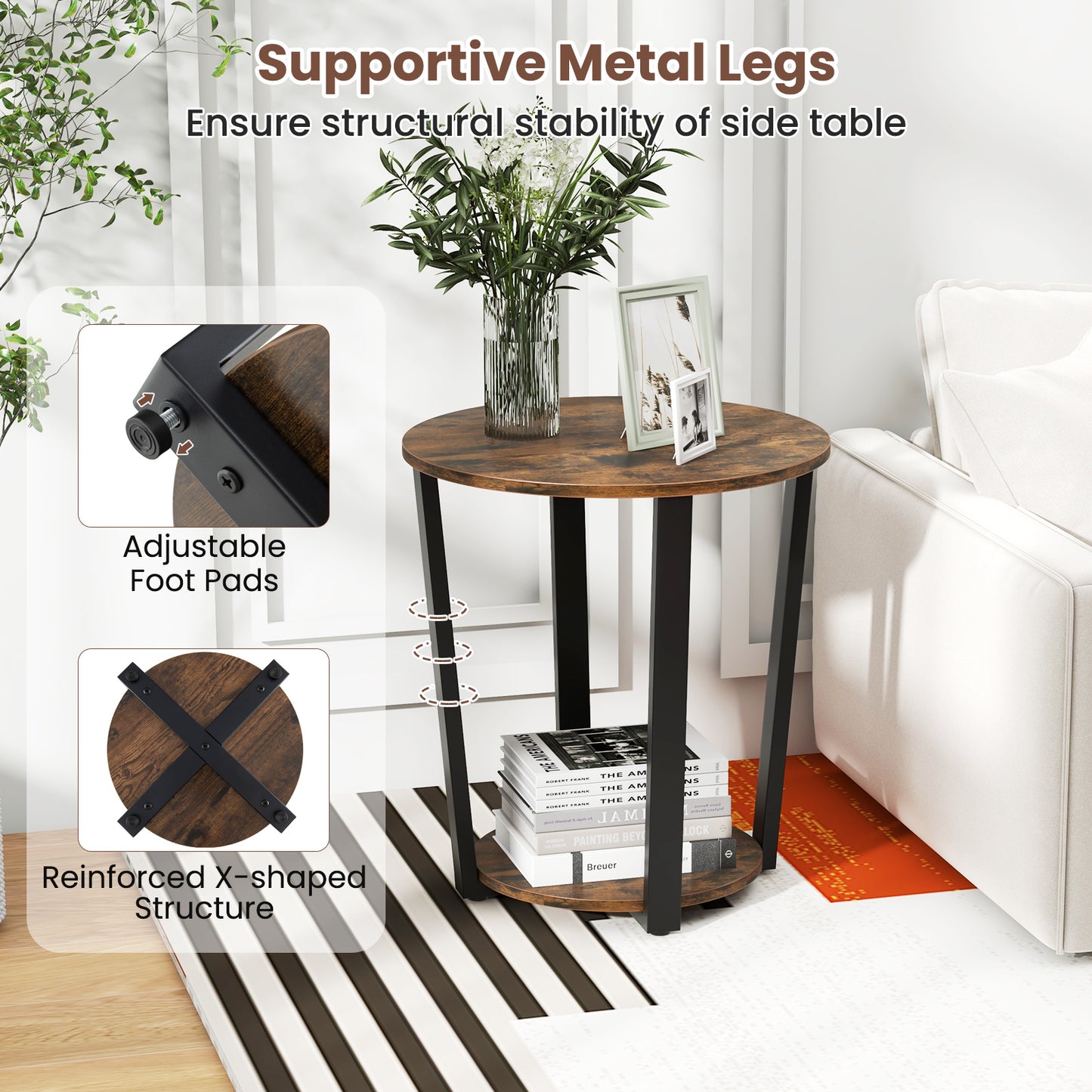 2-tier Round End Table with Storage Shelf and Metal Frame-Brown