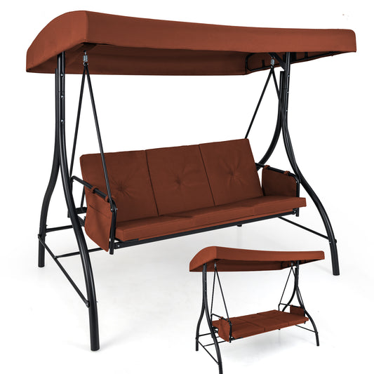 3-Piece Patio Swing with Canopy Removable Cushions and Side Pockets
